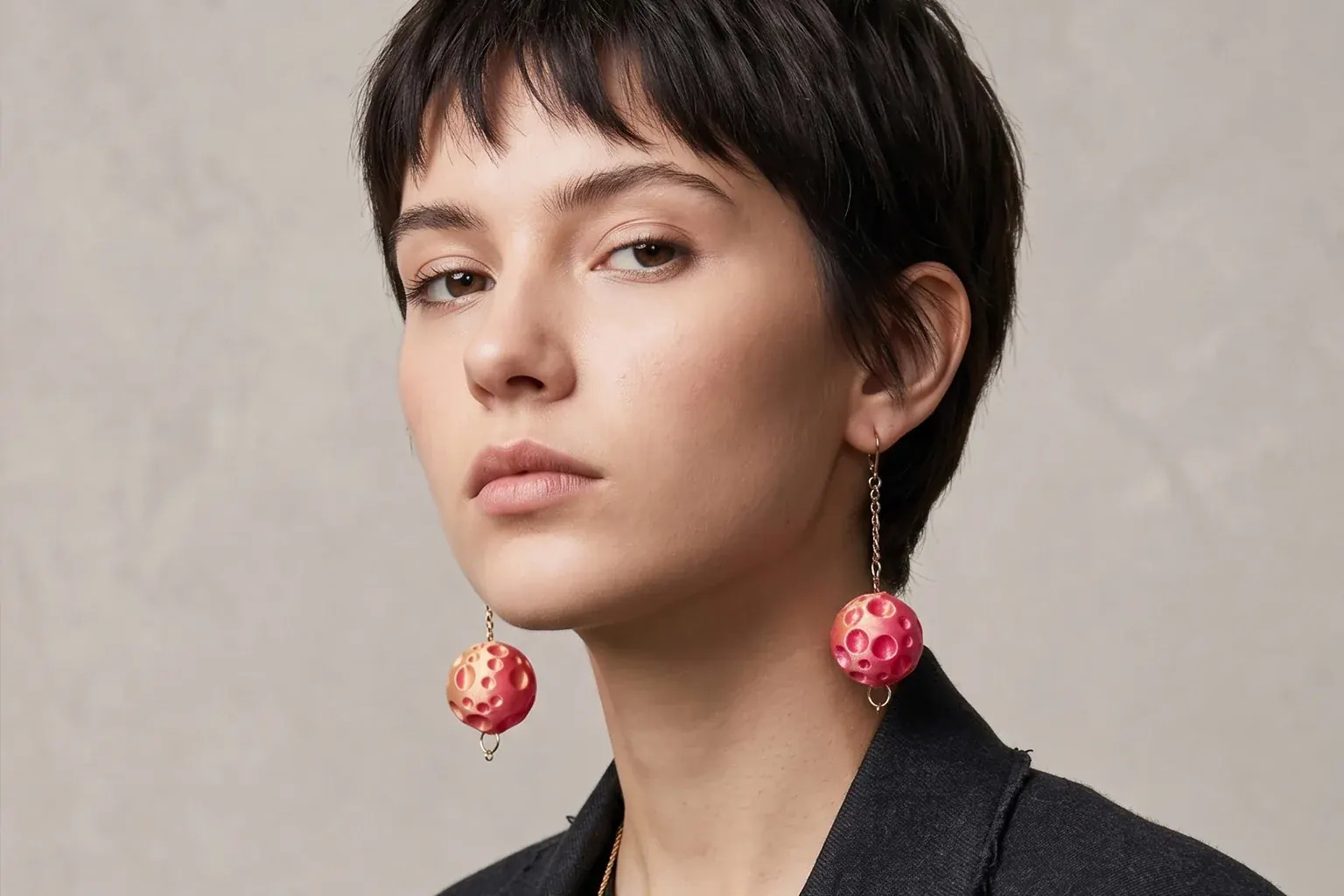 Model wearing sculptural earrings