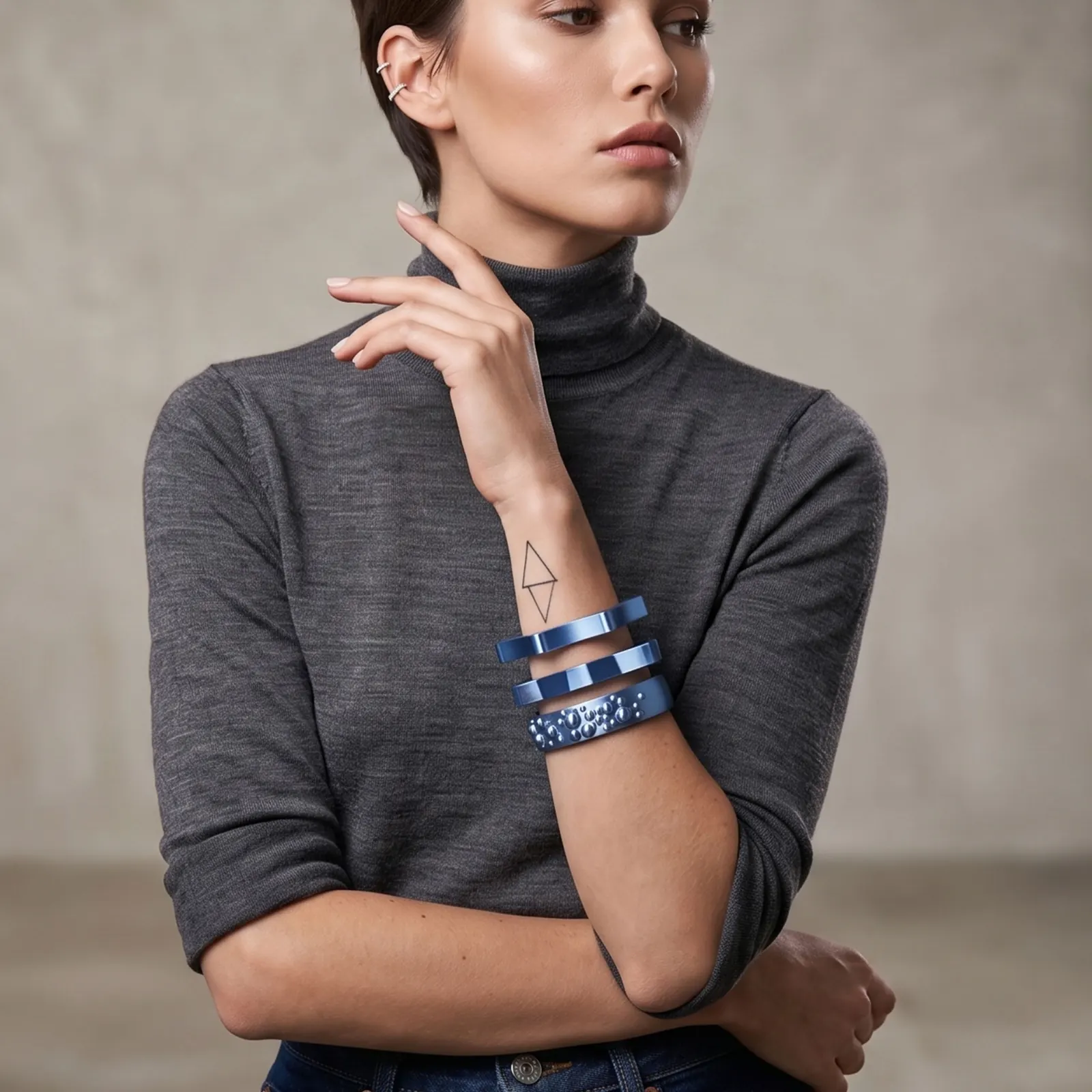 Model wearing blue 3D printed bracelets