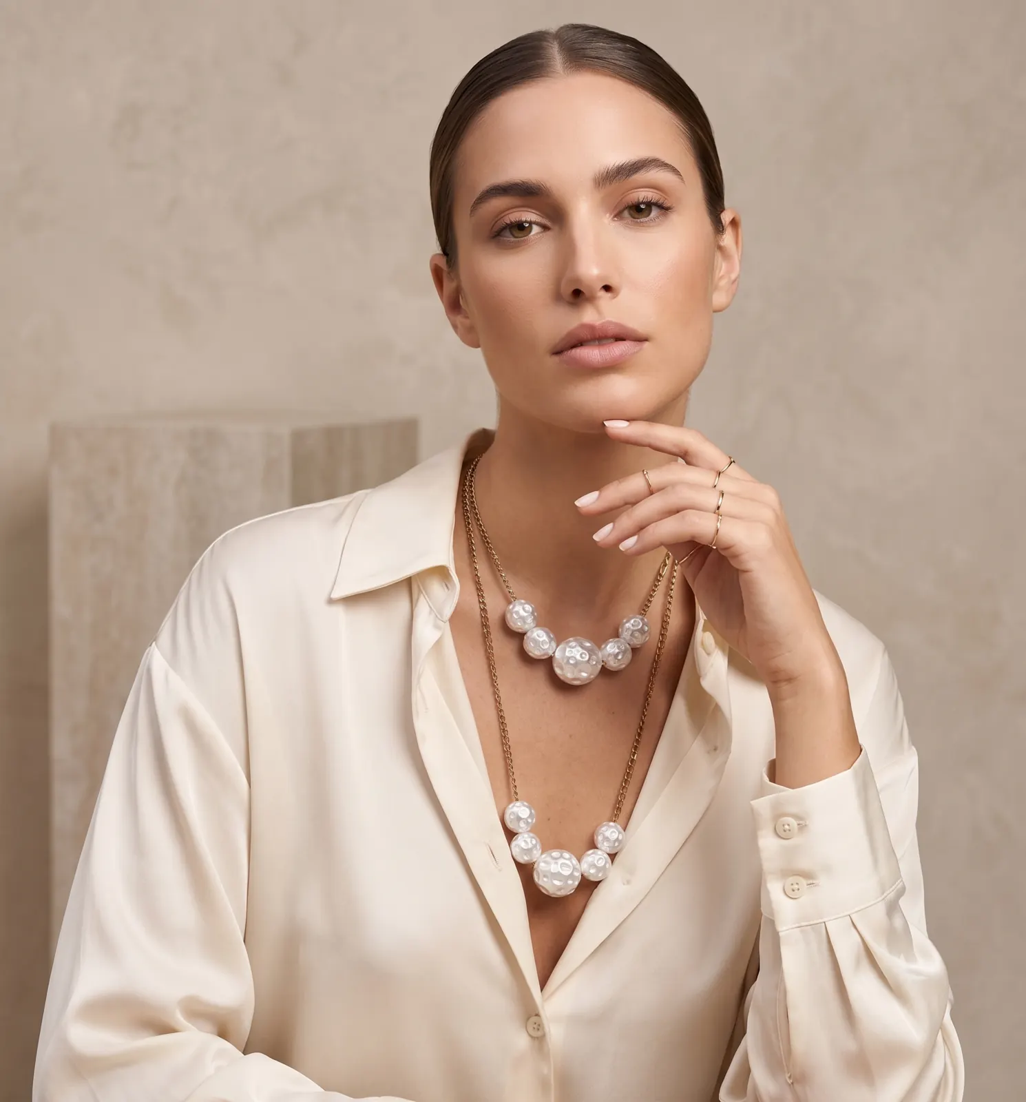 Model wearing white Full Moon collars