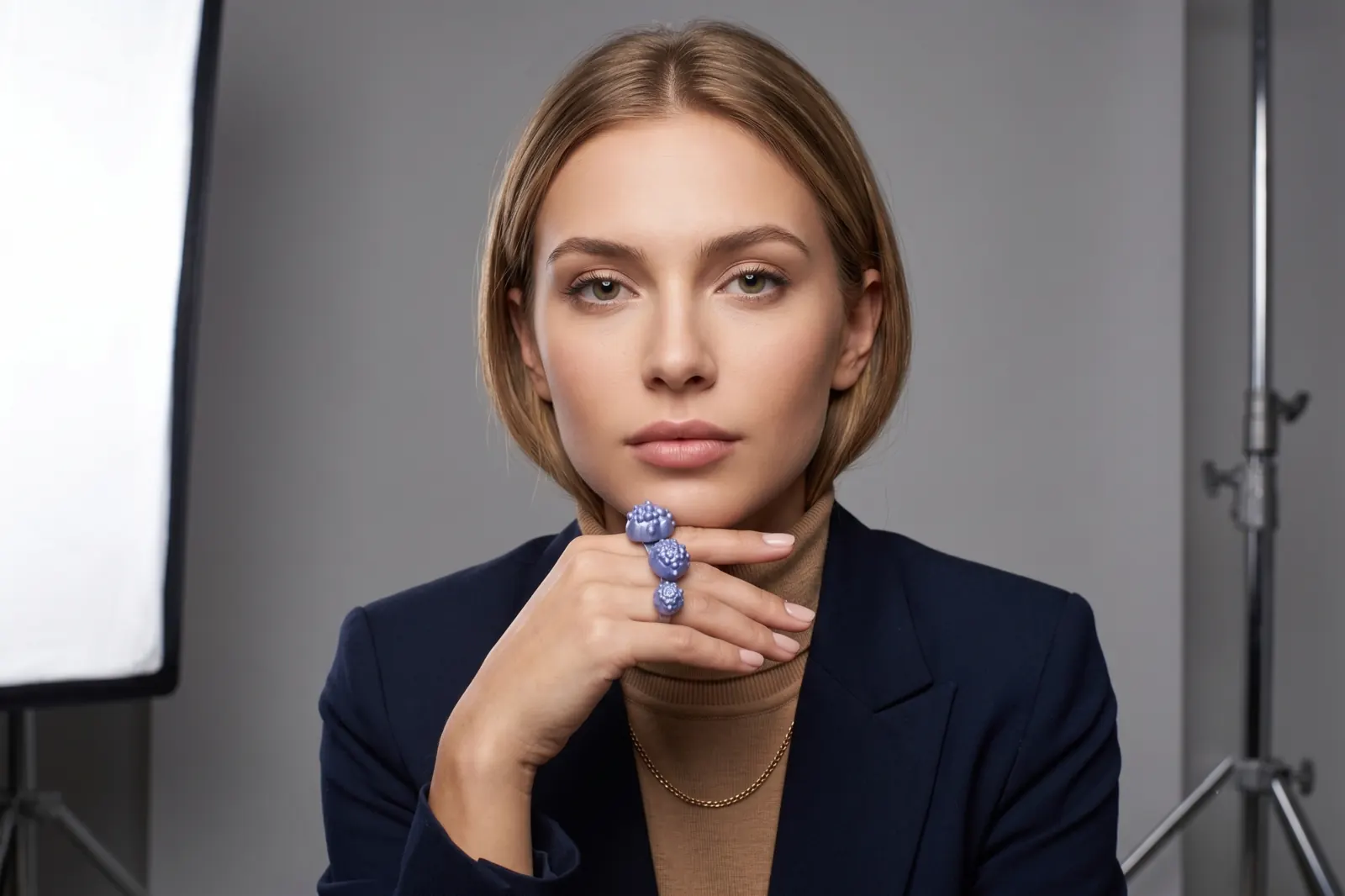 Model wearing blue Bubble rings