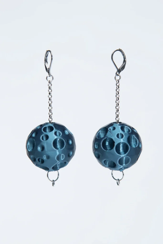 Moon 3D printed earrings in aqua cyan – eco earrings with round moon-inspired design